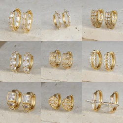 2PCS Luxury Zircon Snowflake Hoop Earrings For Women Gold Color Stainless Steel Geometric Cross Heart Earring Wedding Jewerly