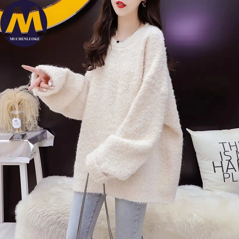 

Свитер для женщин, осень-зима, ленивый стиль, универсальный вязаный свитер с круглым вырезом, корейский модный повседневный свободный толстый теплый пуловер