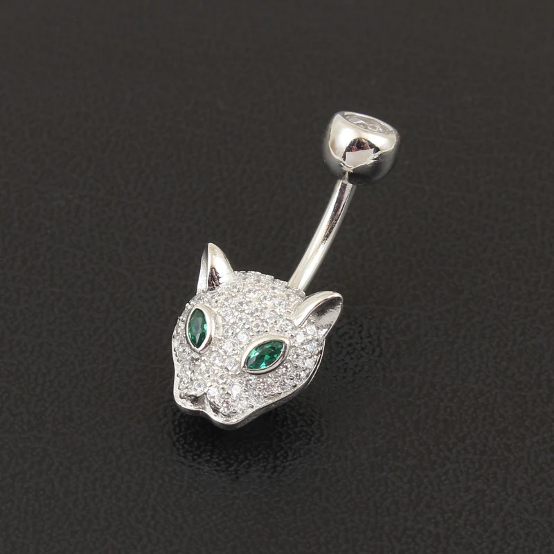 Belly Button Ring Real 925 Sterling Silver Leopard Head Body Jewelry S925 Zircon Clear Prevent Allergy Nickel Free Body Piercing