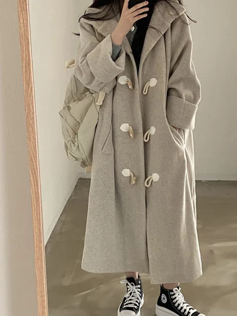 Elegant Autumn Winter Long Over-Knee Woolen Coat Women's Chic Hooded Button Design Korean Style Fashionable Outerwear