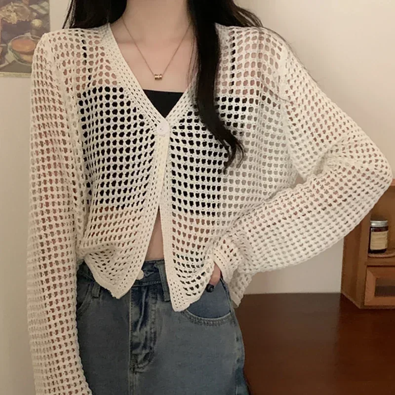 Women solid casual loose Beach tops sexy hollow out knit shirt V-neck long sleepcases cardigan T-shirt women Spring Summer