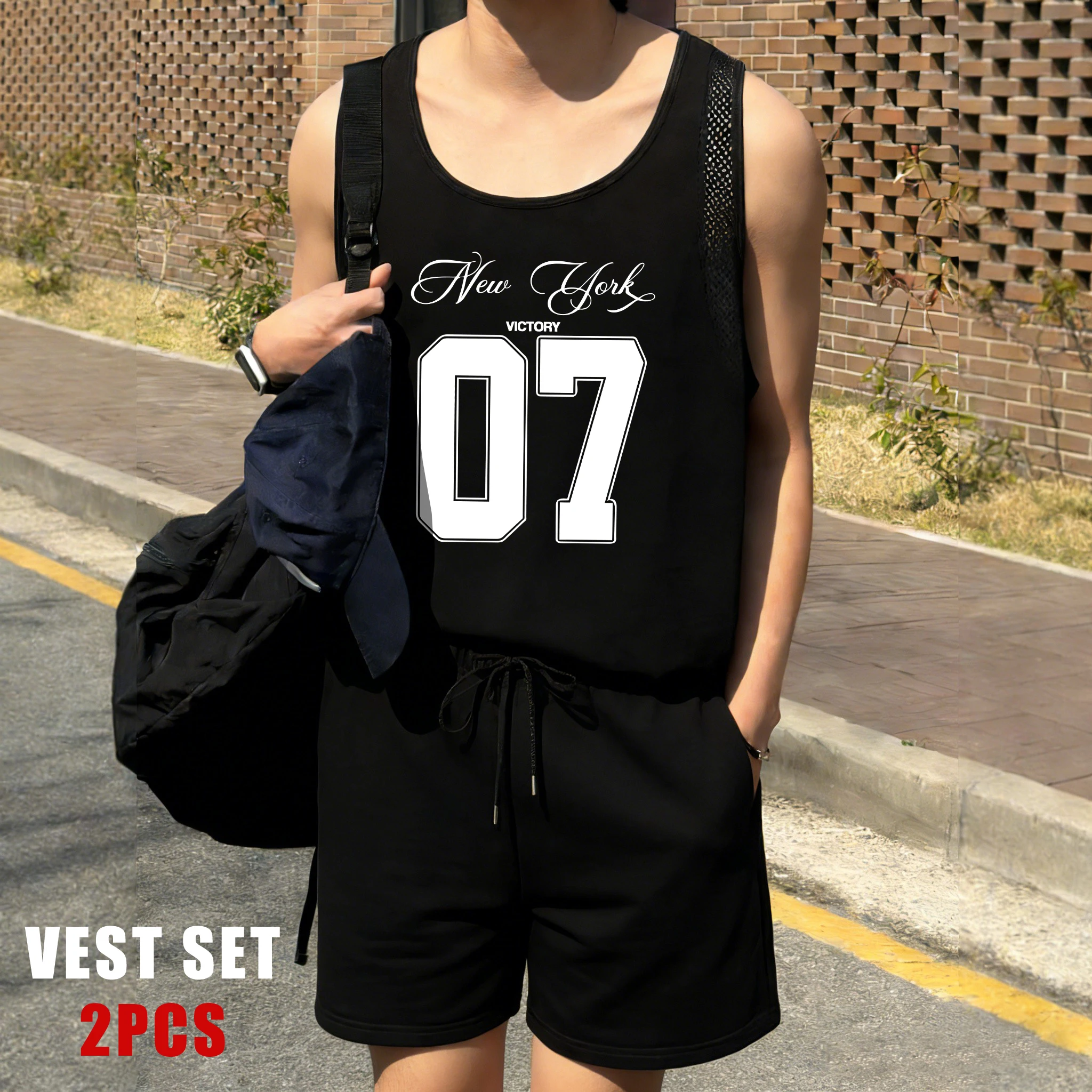 

New York Number 07 Print Men Reticular Vest Set Basics Shorts Summer Vacation Singlet Man Sportsset O-Neck Sleeveless Tee