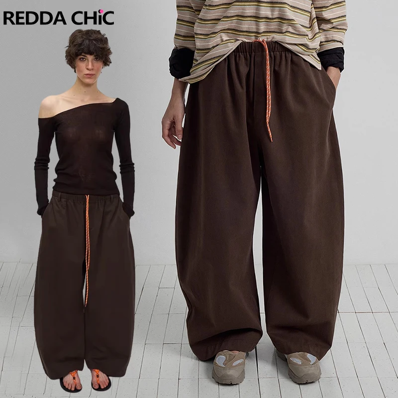 REDDACHiC Vintage Brown Sporty Sweat Pants Women Cotton Drawstring Waist Barrel Wide Leg Casual Trousers Hiking Outdoor Clothes