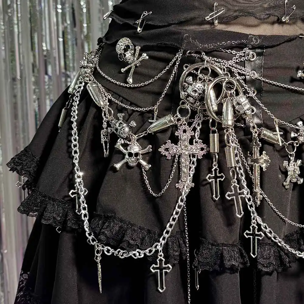パンクロック ハンドメイド DIY ゴスチェーン ティーン ゴシック スカート グランジ 90年代 クラブウェア Y2K Eガールズ 原宿系 カワイイ エモ クロス スカル エコ