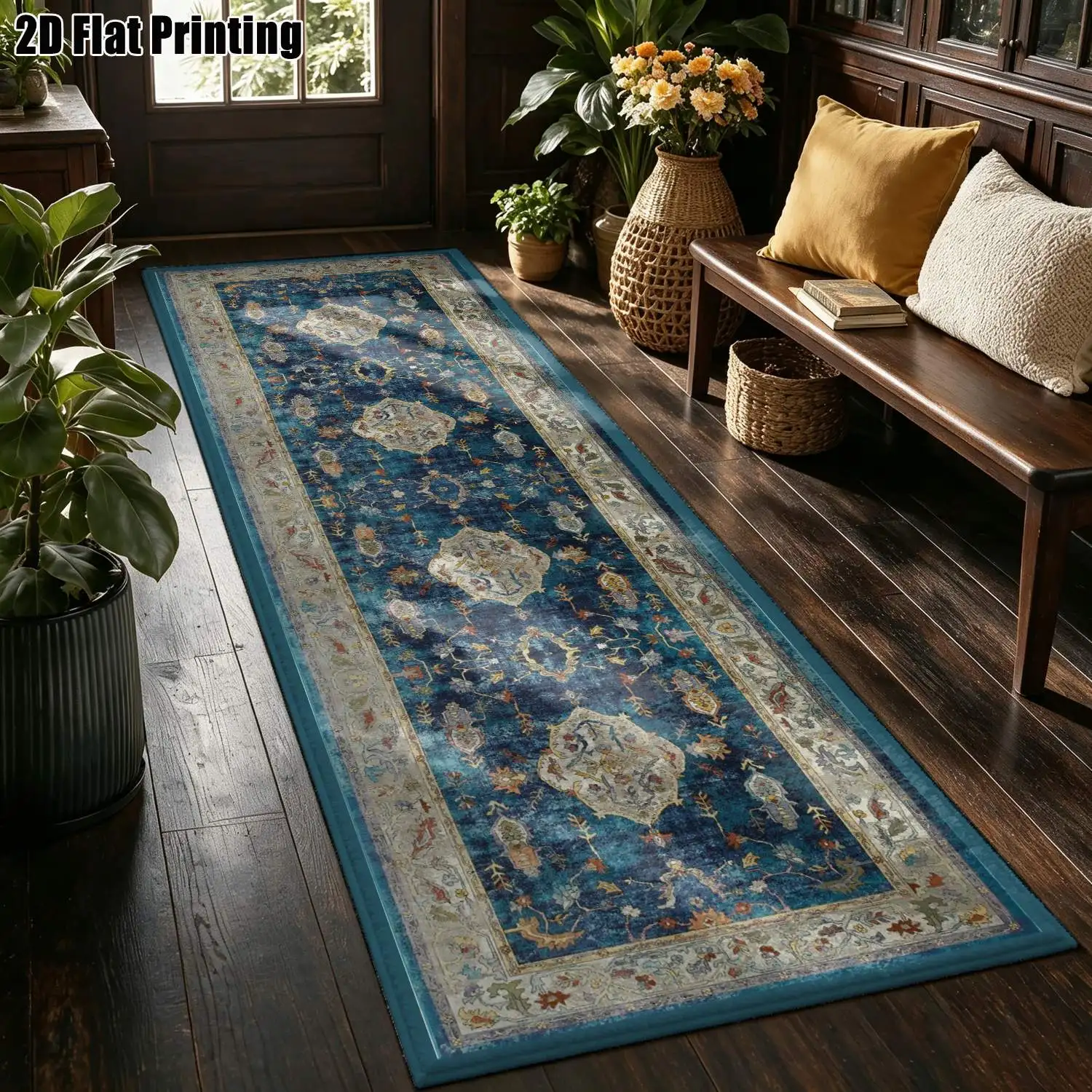 1Pc 2D Printed Long Strip Rug Blue Retro Floral, European-Style, Bohemian, Geometric Floral Patterns. Home Decor, Multi-Size, Machine Washable. For Entrance, Hallway, Living Room, Bedroom.