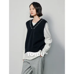 Toyouth Women Knit Vest 2024 Spring Sleeveless V Neck Loose Sweater Split Back Fashion Chic Versatile Black Pink Tops