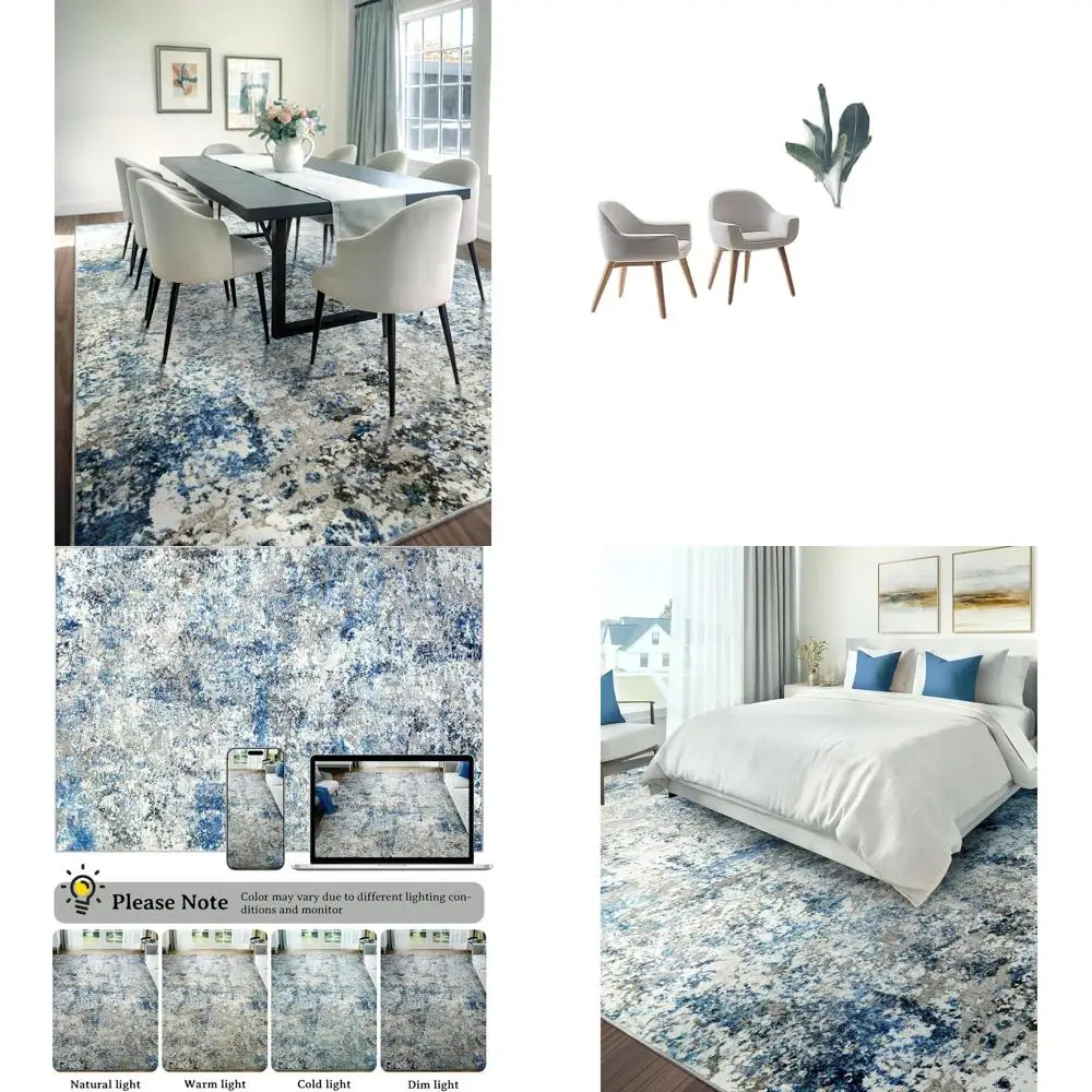 Modern Neutral 9x12 Area Rug - Soft, Non-Slip, Low Pile for Living/Bedroom, Home Office, Grey/Blue