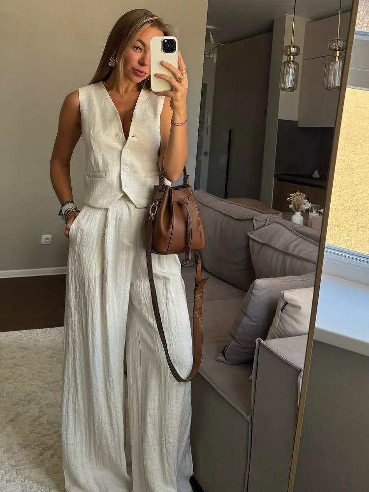 

Women White Long Pants Suit Elegant Sleeveless V Neck Double Pockets Single Breasted Buckle Set 2025 Casual Lady Fashion Outfits