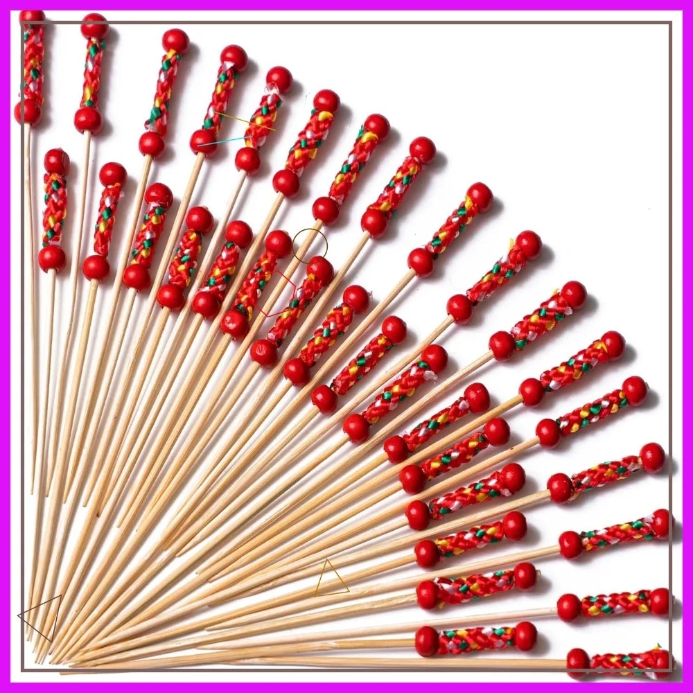 

4.7" Cocktail Picks 100ct Handmade Toothpicks Red Beads with Rope