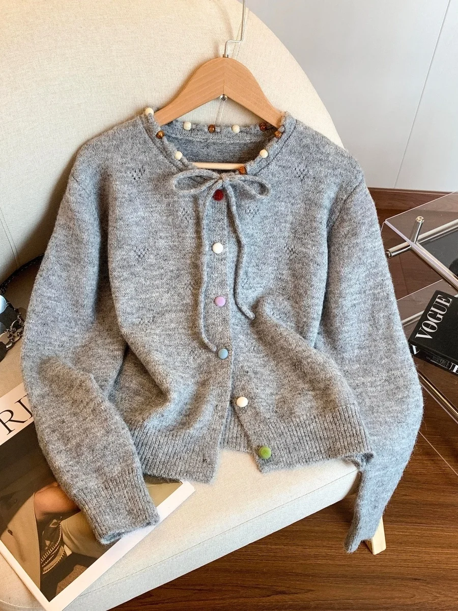 Dopne اللون الأزرق زر حبة حبل جولة Ne المرأة الخريف الشتاء لينة مريحة محبوك فضفاضة مفتوحة سترة سترة #3