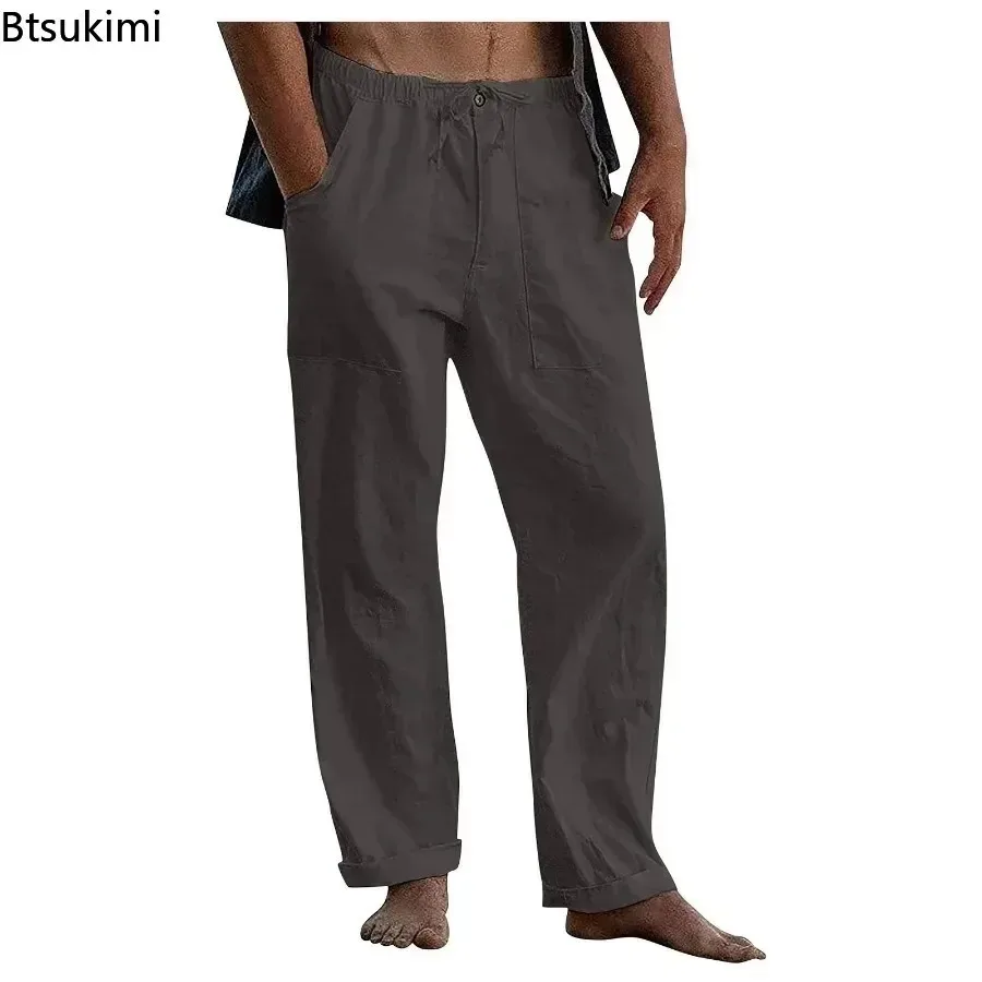 New 2025 Men's Casual Cotton Linen Trousers Wide Leg Pants Breathable Pants Fitness Clothing Men's Workwear Male Jogging Bottoms