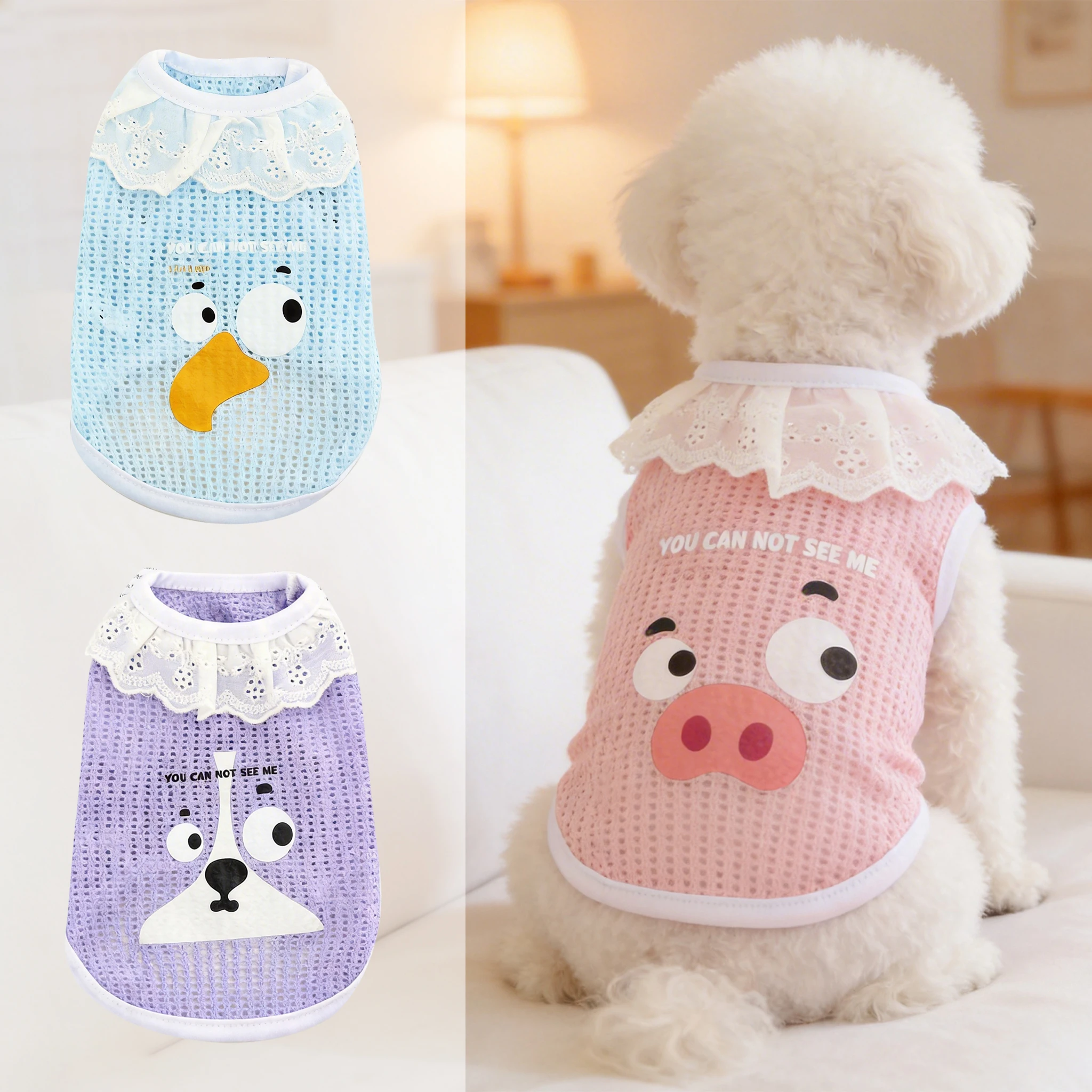 Cute Cartoon Pet Summer Topwear for Cats with Lace Collar, M