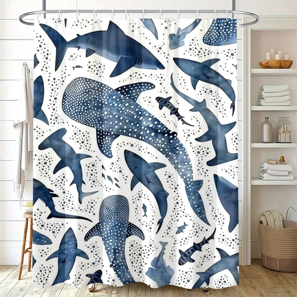 Duschvorhang, Wal- und Haifischmuster, Ozeanmuster, blau, nautisch, wasserdicht, Badezimmerdekoration, große Größe, 180 x 180 cm, Badezimmervorhang