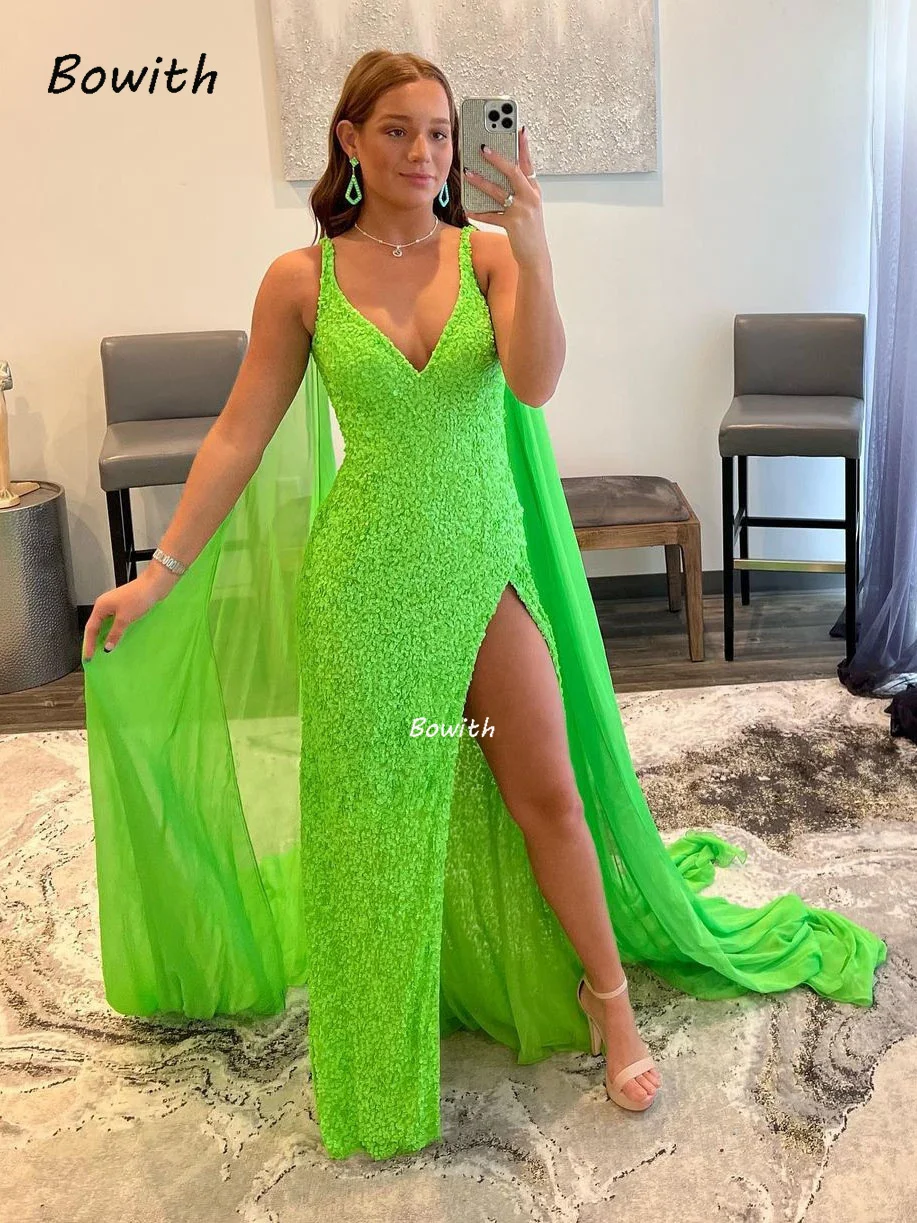 Fluorescence Green Evening Dresses Shawl Sequins Prom Dress Shiny Evening Gowns with High Slit vestidos de noche femme