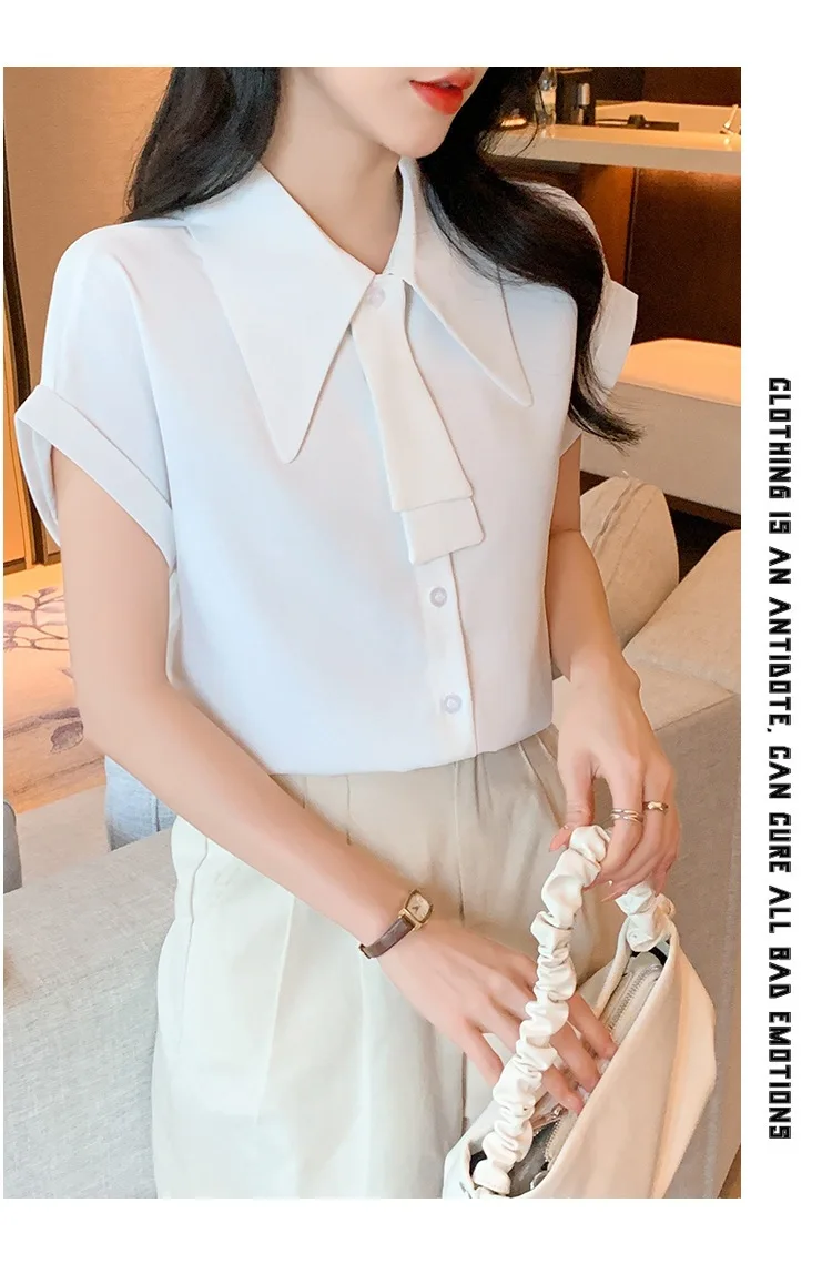 Solid Color Chiffon Shirt with Wide Sleeves and Ribbon, Korean Style French Fashion High-End Professional Short-Sleeved Shirt, White/Pink Purple/Apricot Slightly Loose