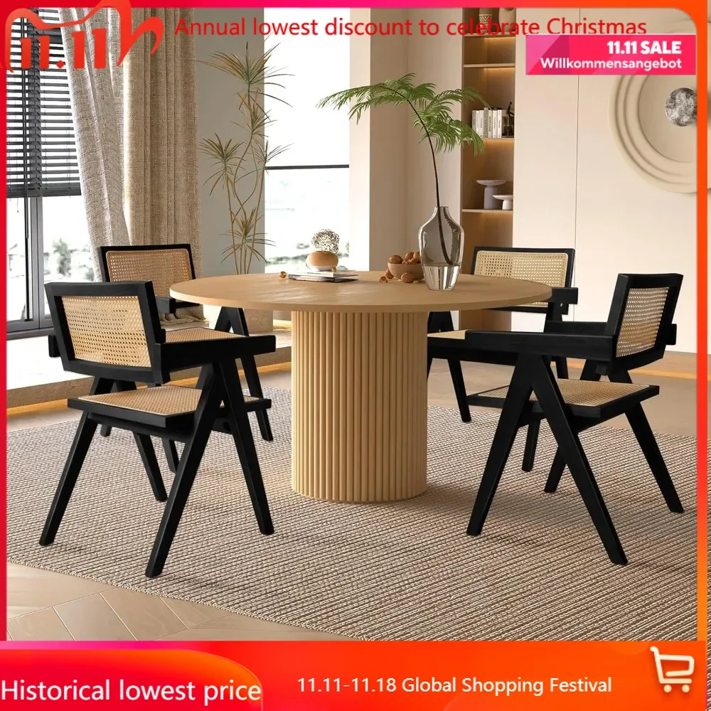 Cane Dining Chairs Set of 4, Rattan Kitchen Chairs Black for Dining Room with Armrest