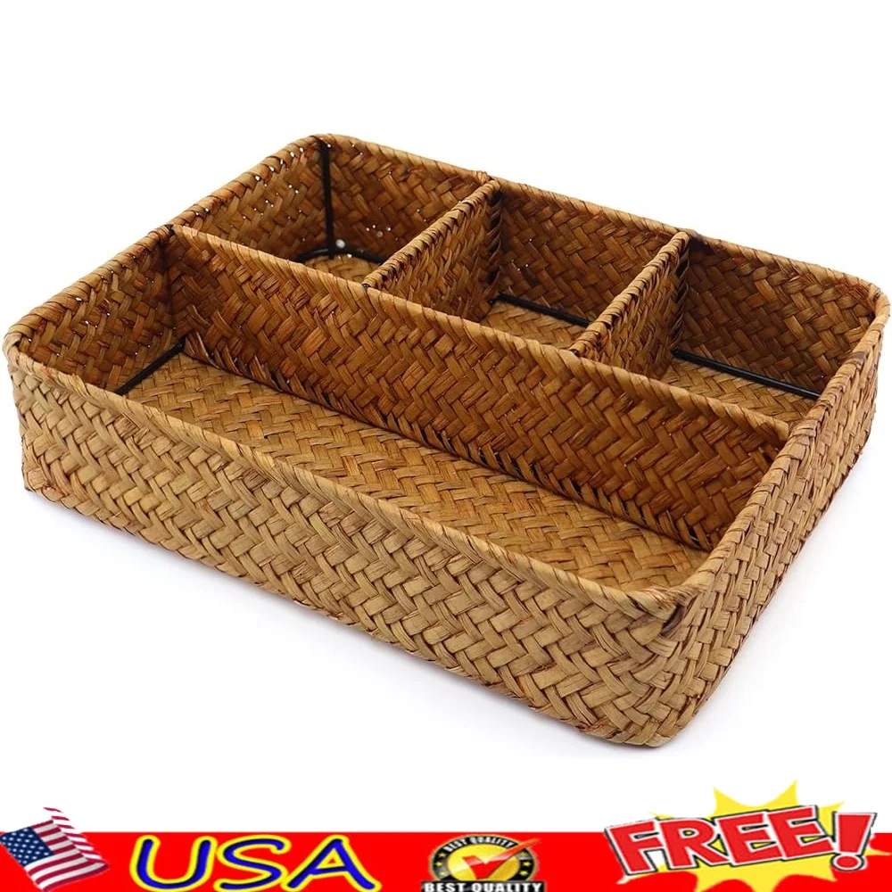 

Handwoven Seagrass Wicker Basket 4-Section Tea Bag Sugar Packet Holder Organizer Compartment Storage Rattan Home Decor
