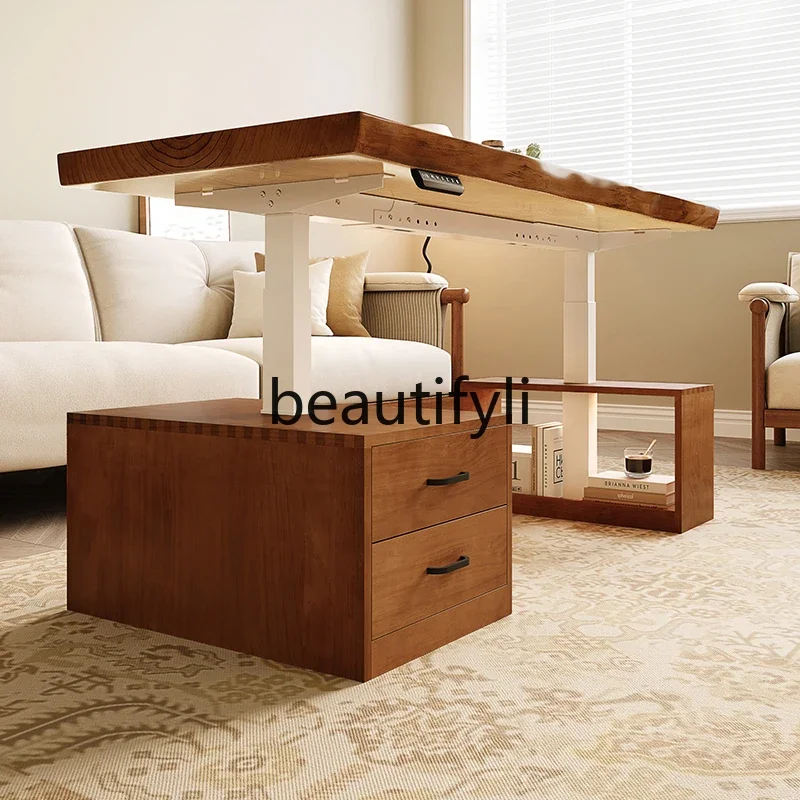 Solid wood lifting coffee table becomes dining table dual-purpose two-in-one with drawers electric multi-function