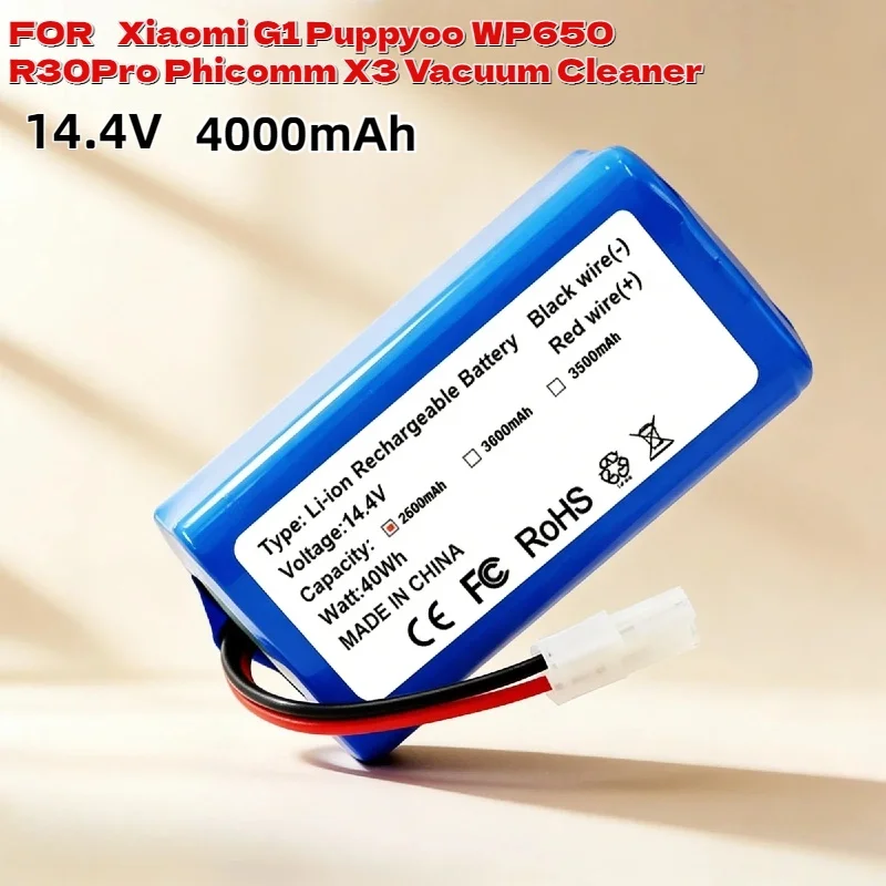 Надежная литий-ионная аккумуляторная батарея 14.4V 4000mAh с высокой выносливостью, запасная часть для пылесосов Xiaomi G1, Puppyoo WP650, R30Pro, Phicomm X3