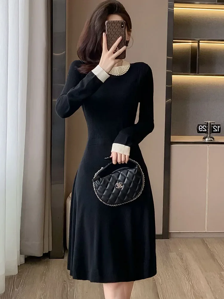 Abito da donna con diamanti di lusso Vintage coreano autunno inverno abito maglione lavorato a maglia nero 2024 elegante abito da ballo aderente Hepburn