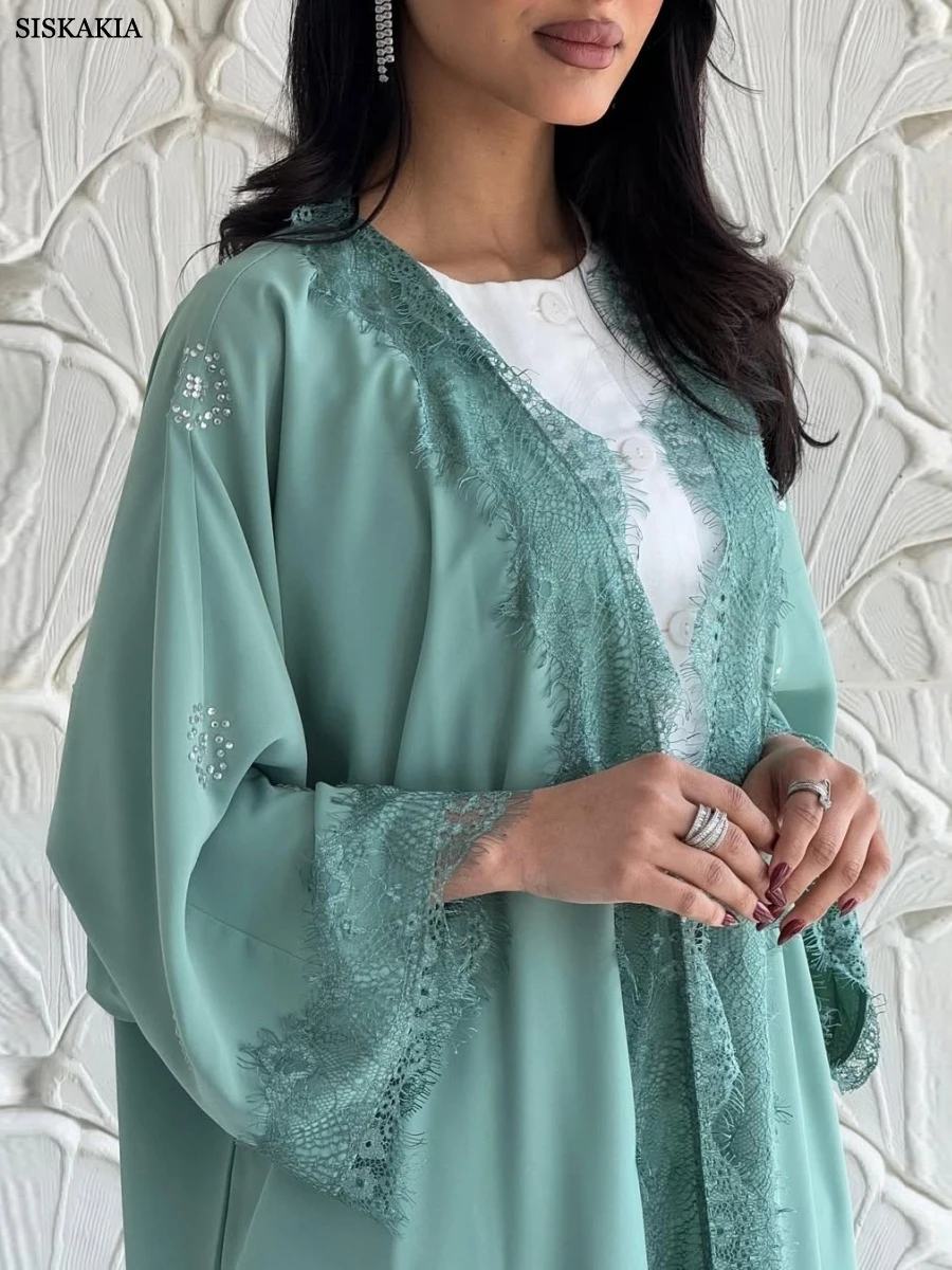Siskakia جديد جبر الدانتيل يزين فستان موضة الصلبة عباية مفتوحة المغربي مسلم ملابس حريمي أنيقة