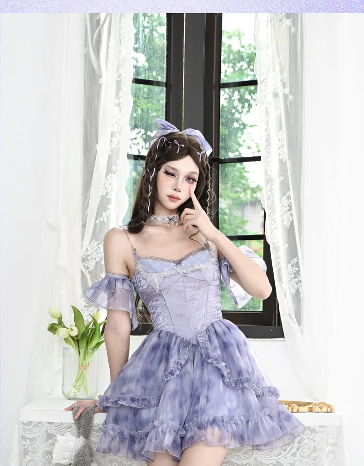 Elegant Purple Sweet Girl Fake Two Pieces Fish Bone Suspender Princess Dress Square Collar Autumn Ruffles Short Fairy Dresses