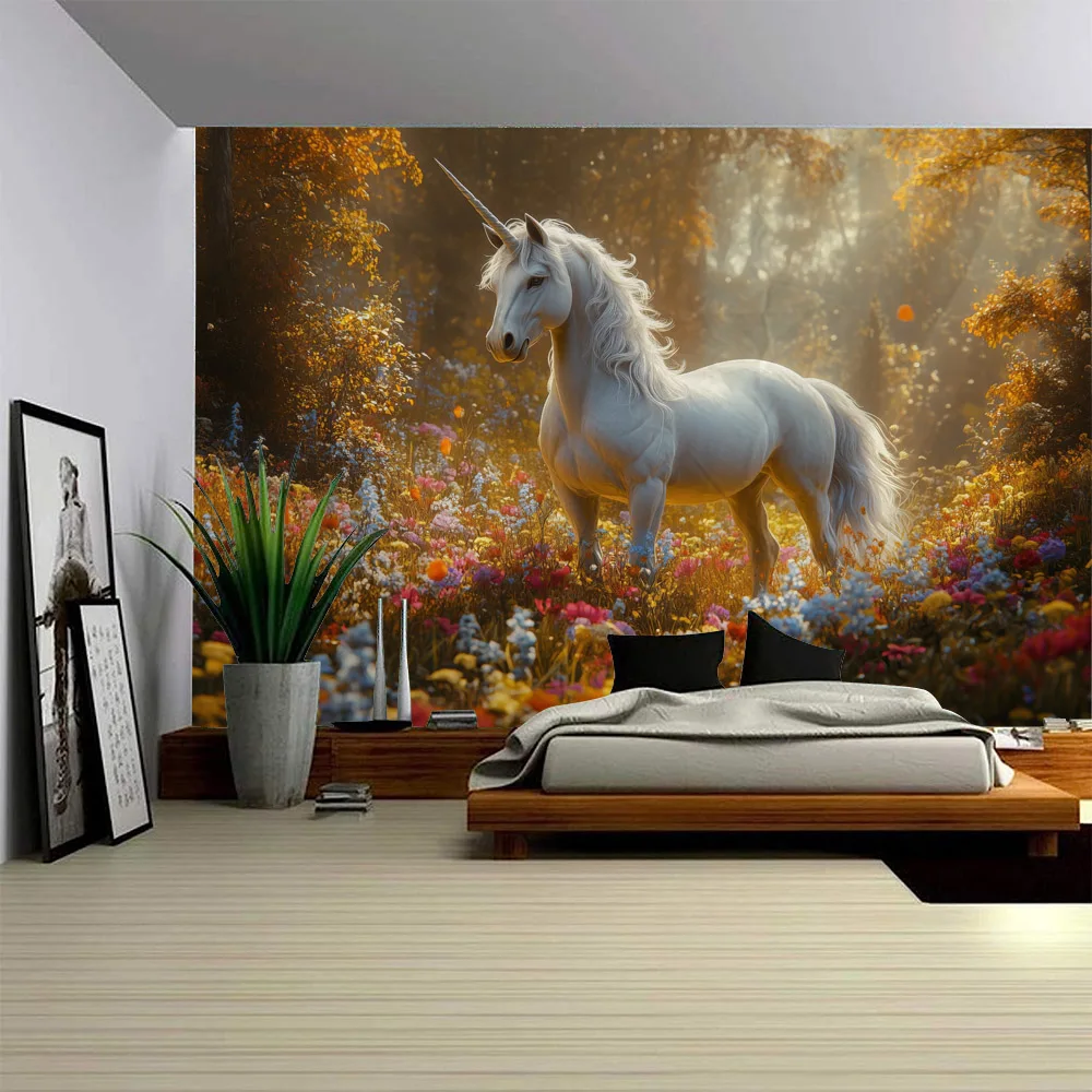 

Unicorn Forest Art Tapestry Wall Hanging Starry Sky Horse Background Poster Cartoon Home Decoration Bed Sheet Beach Mat