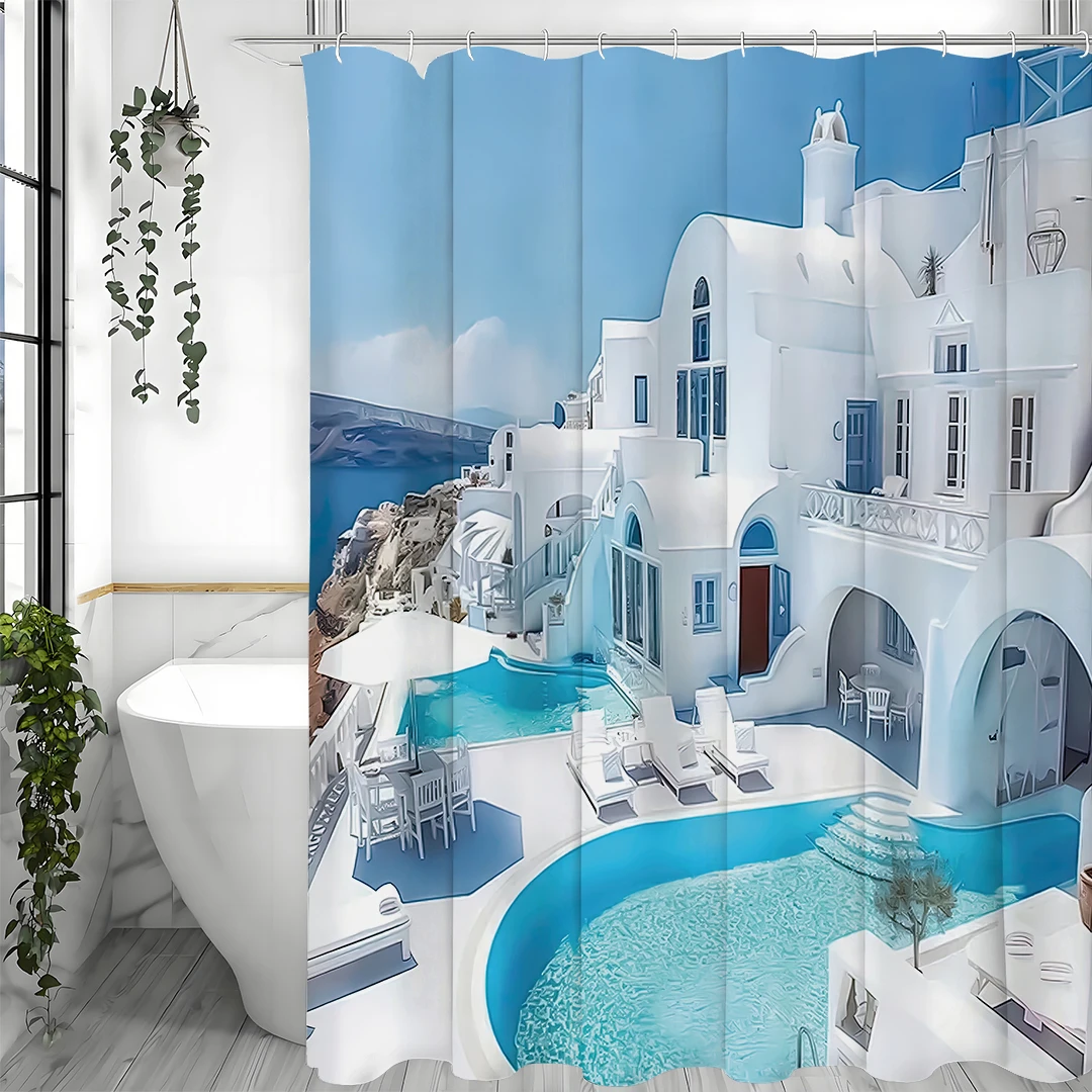 

White Architecture in Santorini, Greece Shower Curtains, Bathroom Decorative Shower Curtains, Waterproof Shower Curtains with Ho
