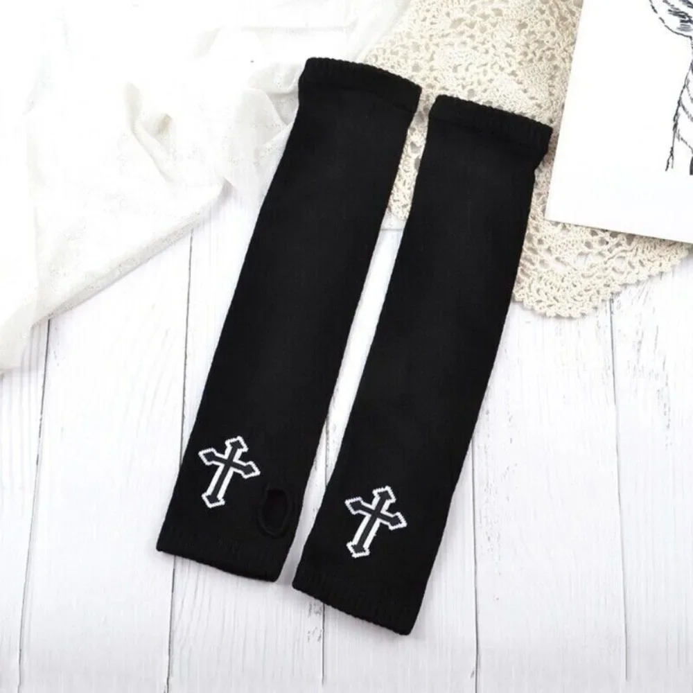 فاسق EMO نمط الشارع الشهير النساء المعصم الذراع أدفأ محبوك طويل أصابع قفازات سوداء القفاز هالوين الصليب قفازات #5