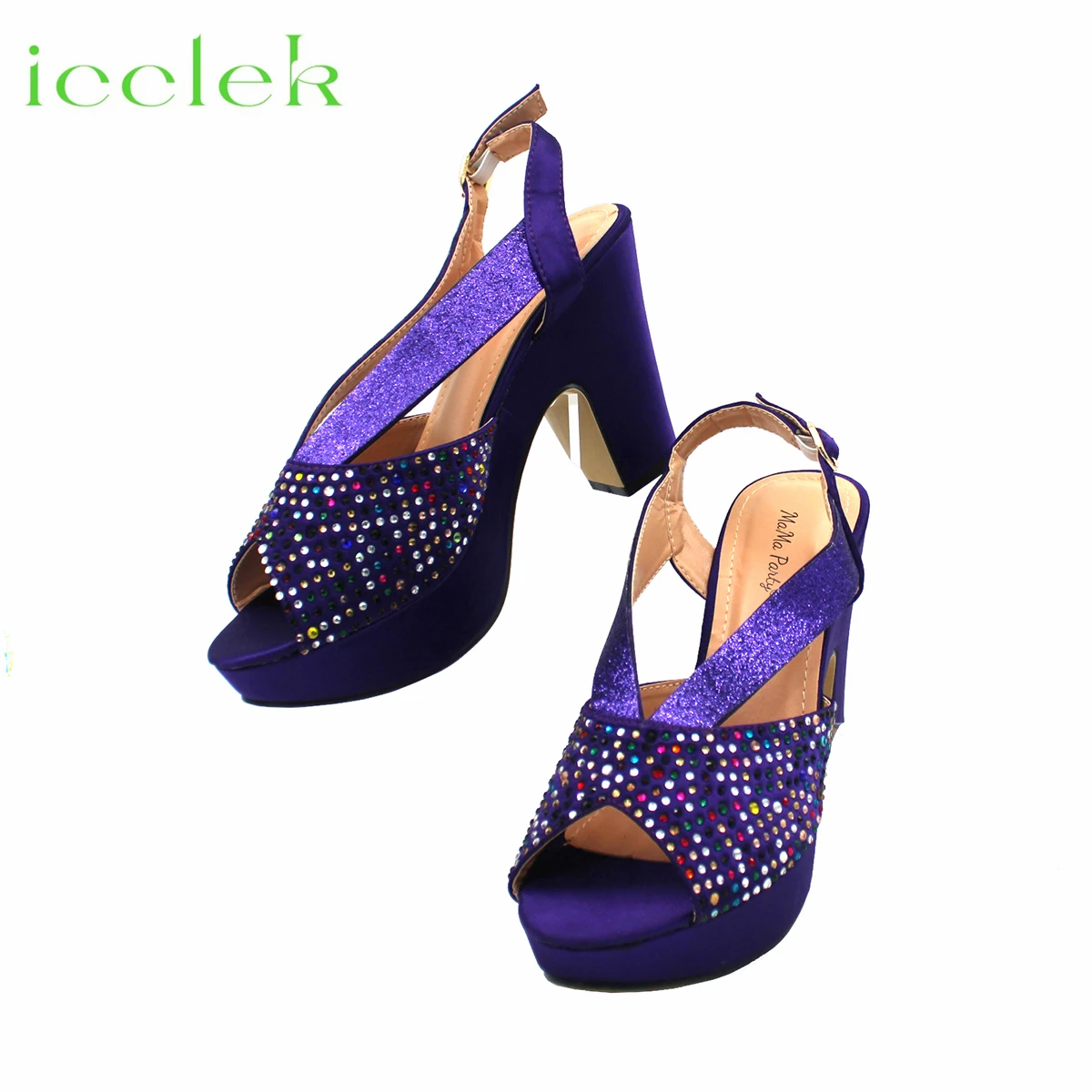 Conjunto de zapatos y bolso de estilo africano para mujer, zapatos con punta abierta y cristal brillante para fiesta de boda, Color morado, nuevo