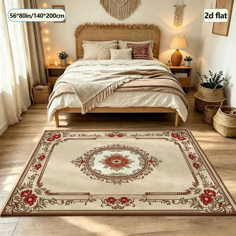 Beige Background Retro European Floral Pattern Carpet Classic Square Carpet Non-Slip Decorative Floor Mat Suitable for Home Interior Decoration