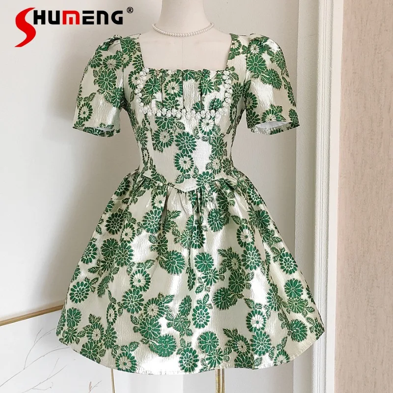 2024 Summer New Vestidos French Style Design Pleated Gold Thread Jacquard Beaded Waist-Controlled Slim Fit Square Collar Dress