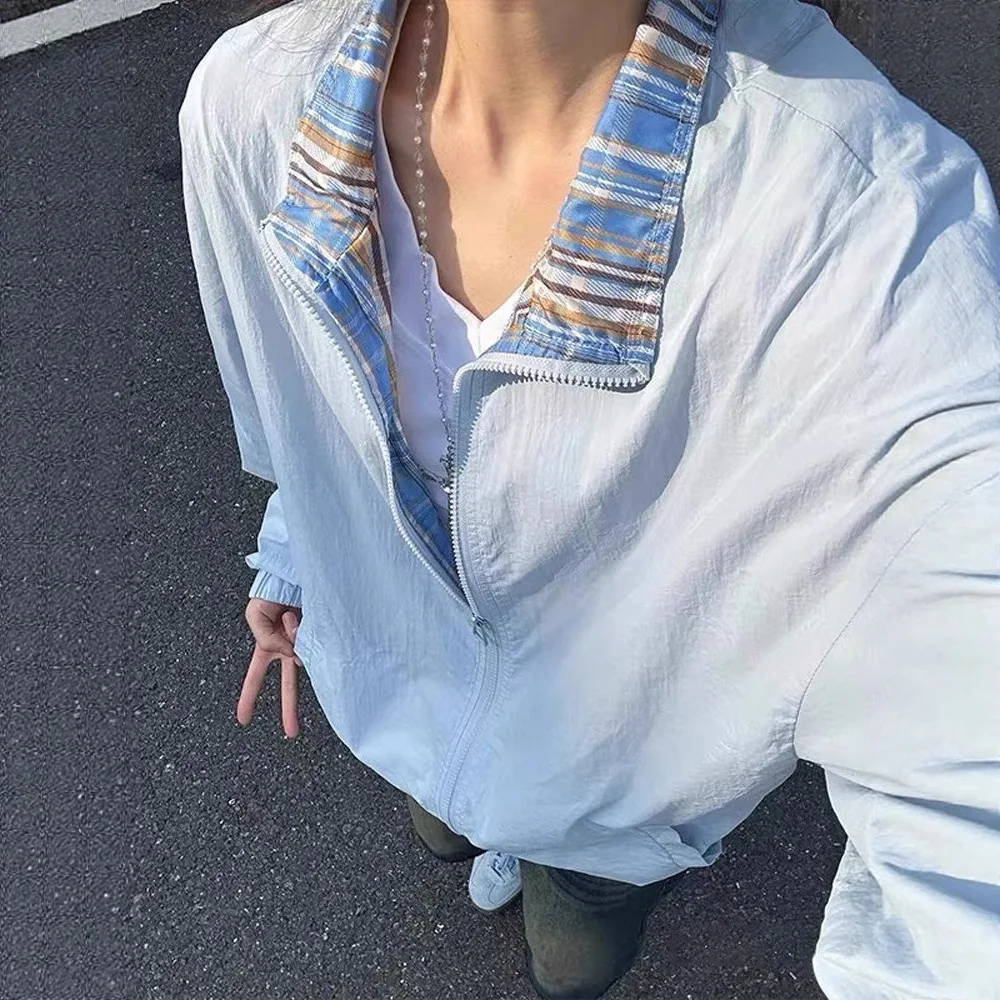 

2025 plaid splicing sunscreen jacket for men and women in summer light and fast dry ice silk cool feeling couple jacket