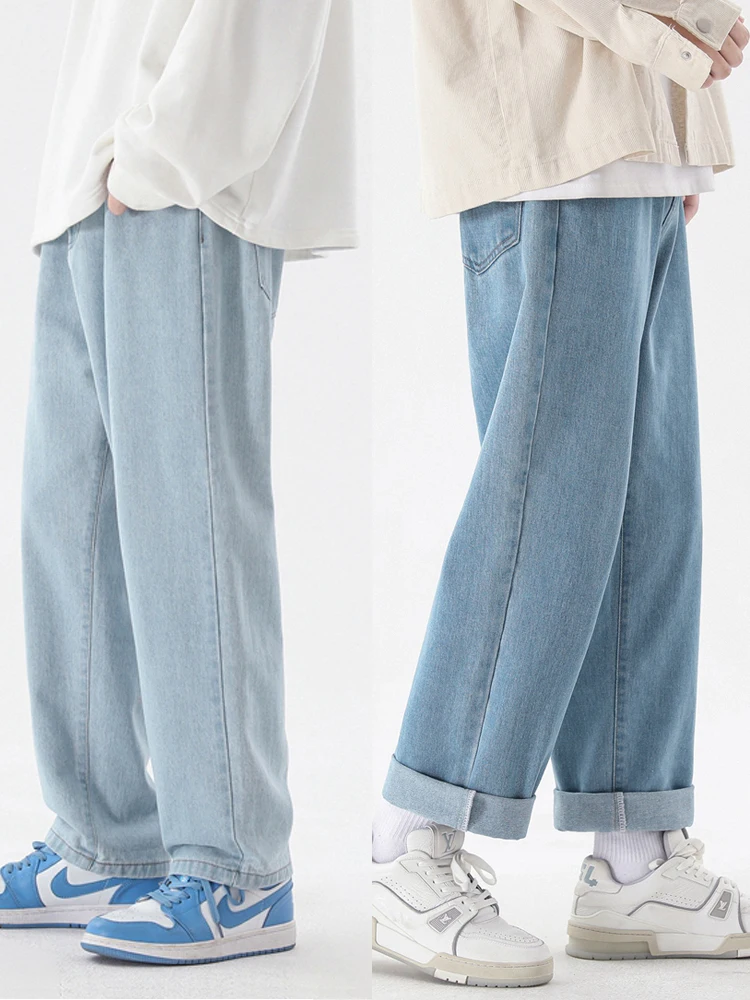 

2023 New Korean Fashion Men's Casual Ankle-Length Jeans Classic Man Straight Denim Wide-leg Pants Light Blue Black 3XL