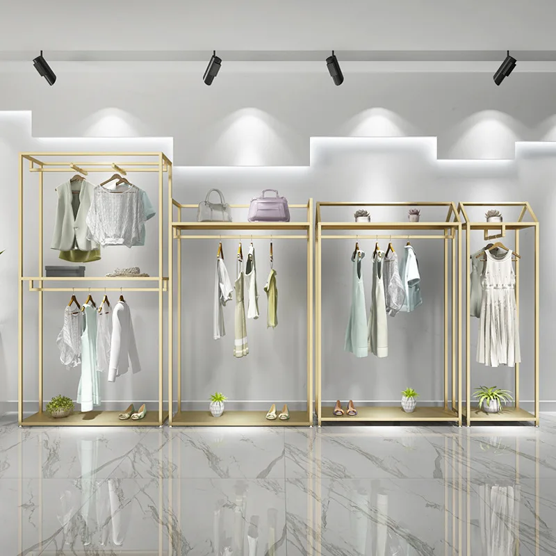 Shopping mall clothing store hanger display rack spot double-layer gold clothing rack women's clothing store shelf display hangi