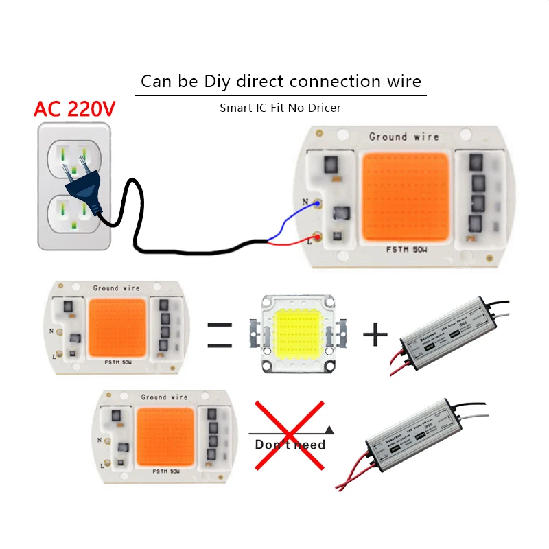 AC 220V LED COB Lamp Beads 10W 20W 30W 50W High Voltage Driver-Free Warm White Full Spectrum Red Green Blue Linear Light Source