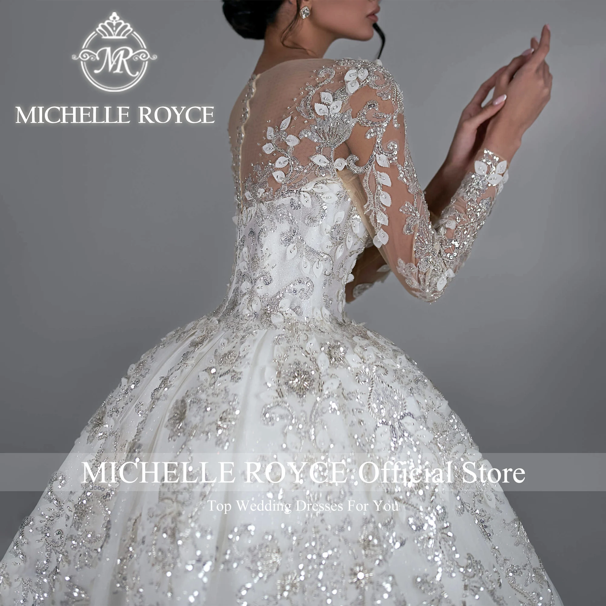 Michelle Royce Luxe baljurk met lange mouwen, trouwjurk, liefje, borduurwerk, glitterkant, trouwjurk, vestidos de novia