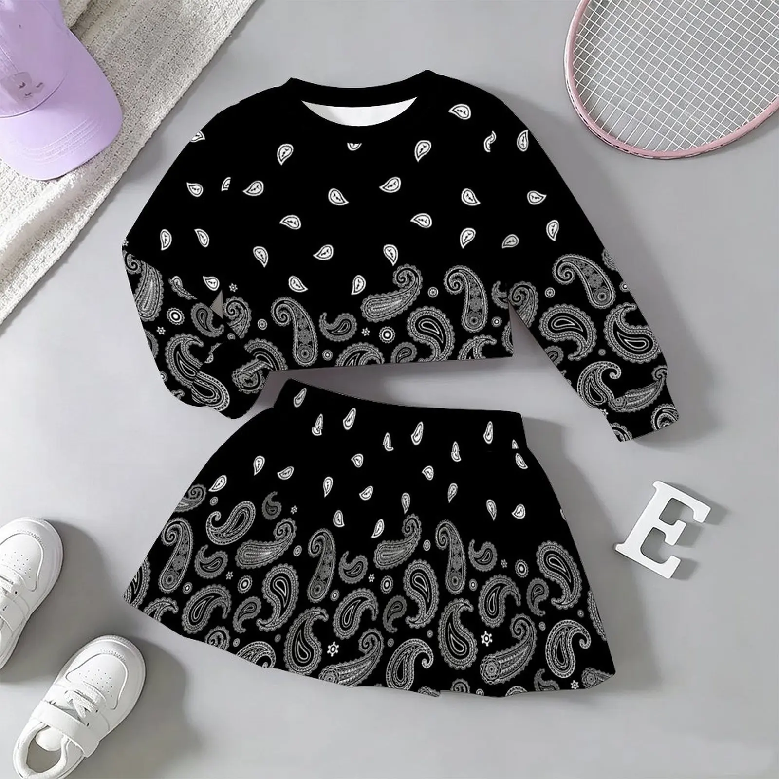 Lovely Kawaii Fairy Style Girls Outfit Long Sleeve Print Top A-line Skirt  Soft Breathable  For Wedding Flower Girl Party