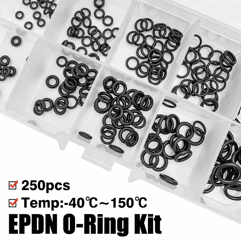 EPDM Seal O-Ring Kit 250pcs Anti-Corrosion Anti-Ozone Rubber Ring CS1/1.5mm OD3-8mm for Industrial Pipeline & Mechanical Sealing