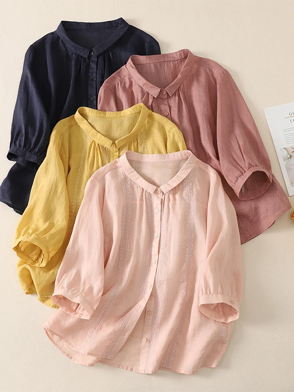 

Retro Japanese Style Pure Color Embroidered Cotton Linen Loose Fit Thin Five Sleeve Shirt Women Summer New Arrival Slimming Top