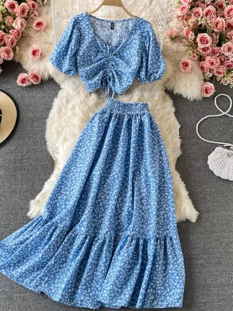 

Летние шифоновые комплекты из двух предметов, женская шифоновая рубашка с коротким рукавом и v-образным вырезом, летняя длинная юбка трапециевидной формы с высокой талией, костюмы с цветочным принтом