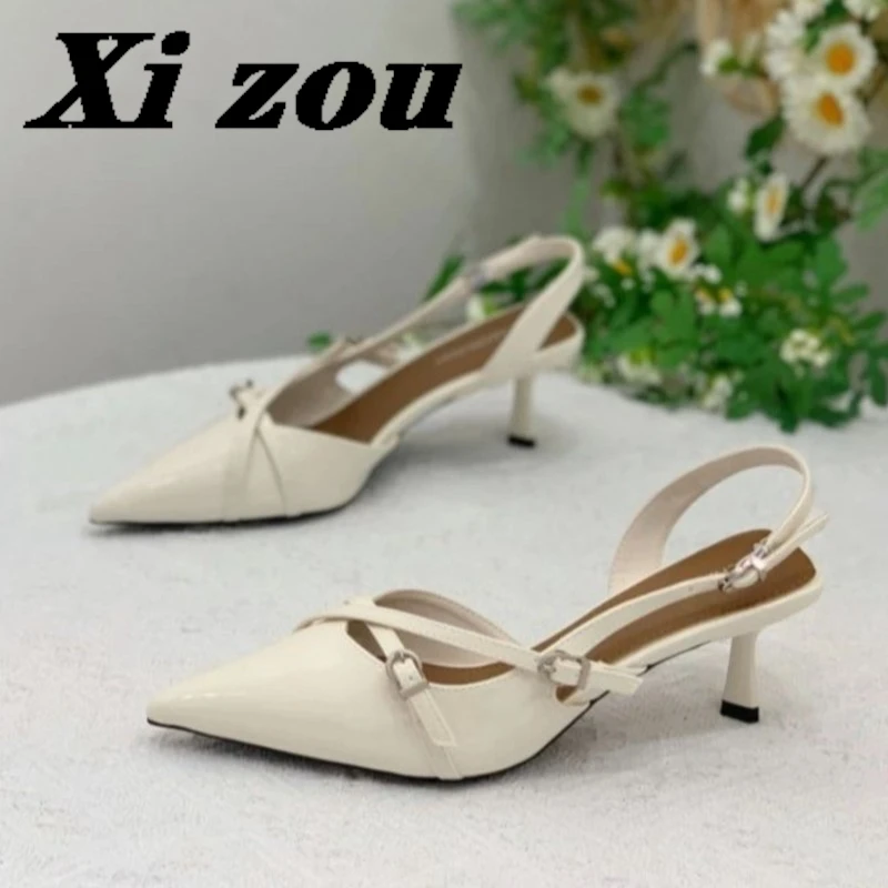 

Новые весенне-летние высококачественные женские босоножки на высоком каблуке с острым носком во французском стиле, красивые и не тянущиеся, 2025 г.