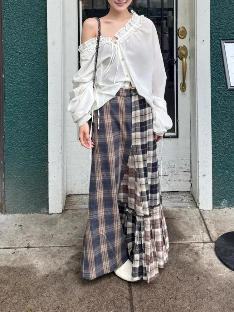 

Retro fabric patchwork plaid patch half skirt Y2K irregular design casual versatile women's half skirt 2025 autumn new style