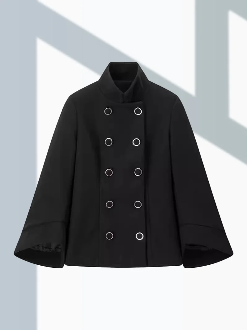 Black Short Jackets Coats Women Long Flared Sleeves High Neck England Style Coats Female Double Breasted Spring Autumn Outerwear