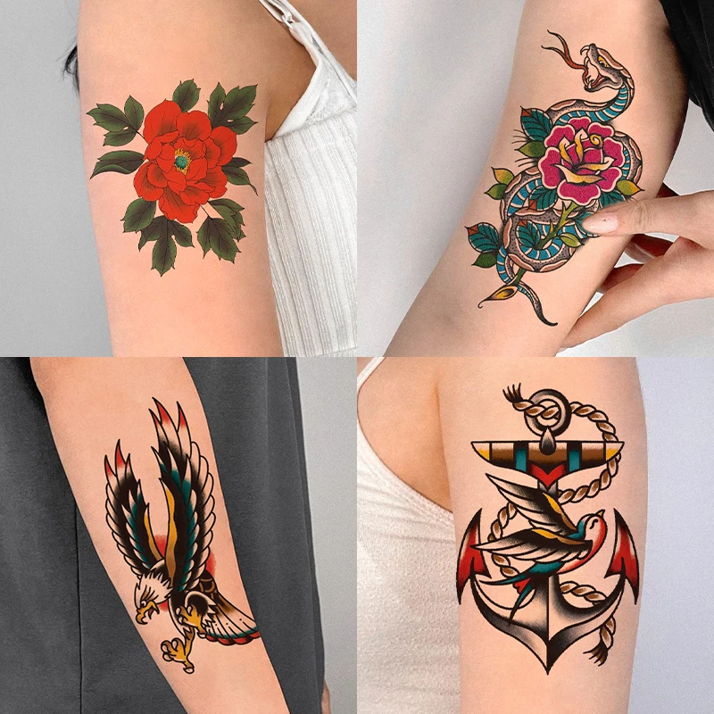 10Pcs Retro Old School Tattoo Style Cartoon Sticker Colorful Eagle Butterfly Flower Cartoon Graffiti Decals Sticker Body Art