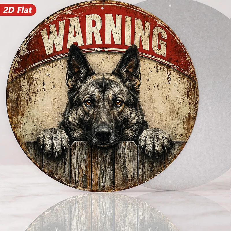 2D Flat, 1pc Guard Dog Warning Round Metal Sign Wall Art, Warning Header, German Shepherd Portrait, Home Decor, Suitable for Din