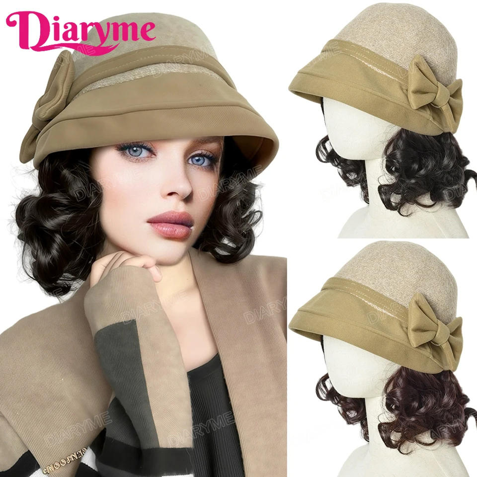 Hat Wig Women's Fashion Synthetic One-piece Bow Fisherman's Hat Wig Lazy Thick Warm Wool Short Curly Hair With Hat For Women Mom