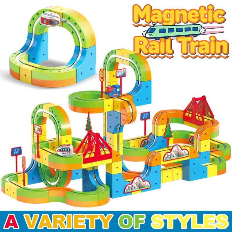 Blocchi di costruzione del treno ferroviario magnetico per bambini Ferrovia ad alta velocità Pista magica Treno Auto Giocattoli educativi Costruzione Regali per bambini