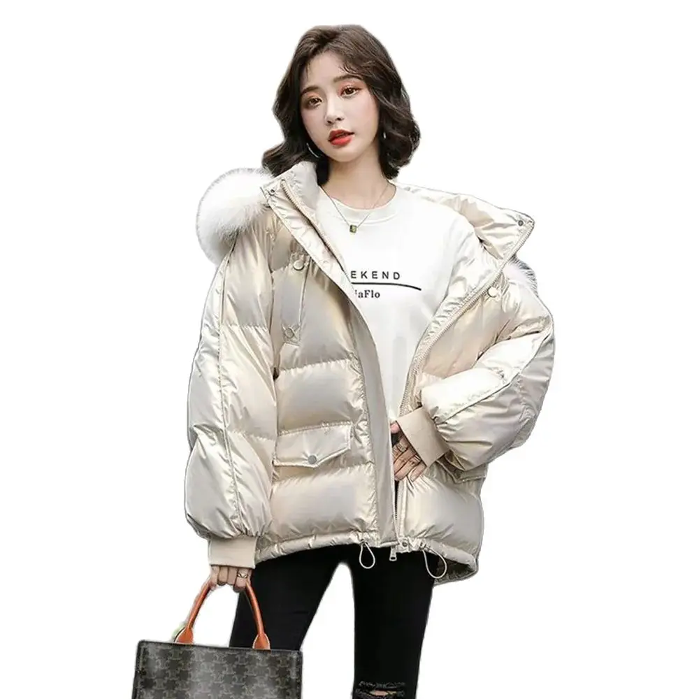 Down Jacket In Autumn And Winter Of New Women's Leisure Anti-Hooded Bright Warm And Short Coat With Large Fur Collar Female Tide