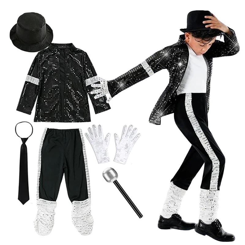 Boys Retro Pop Stage Black Sequin Cosplay Set Jacket Pants Kids Outfit for Halloween Birthday Carnival Role Play Dress-Up